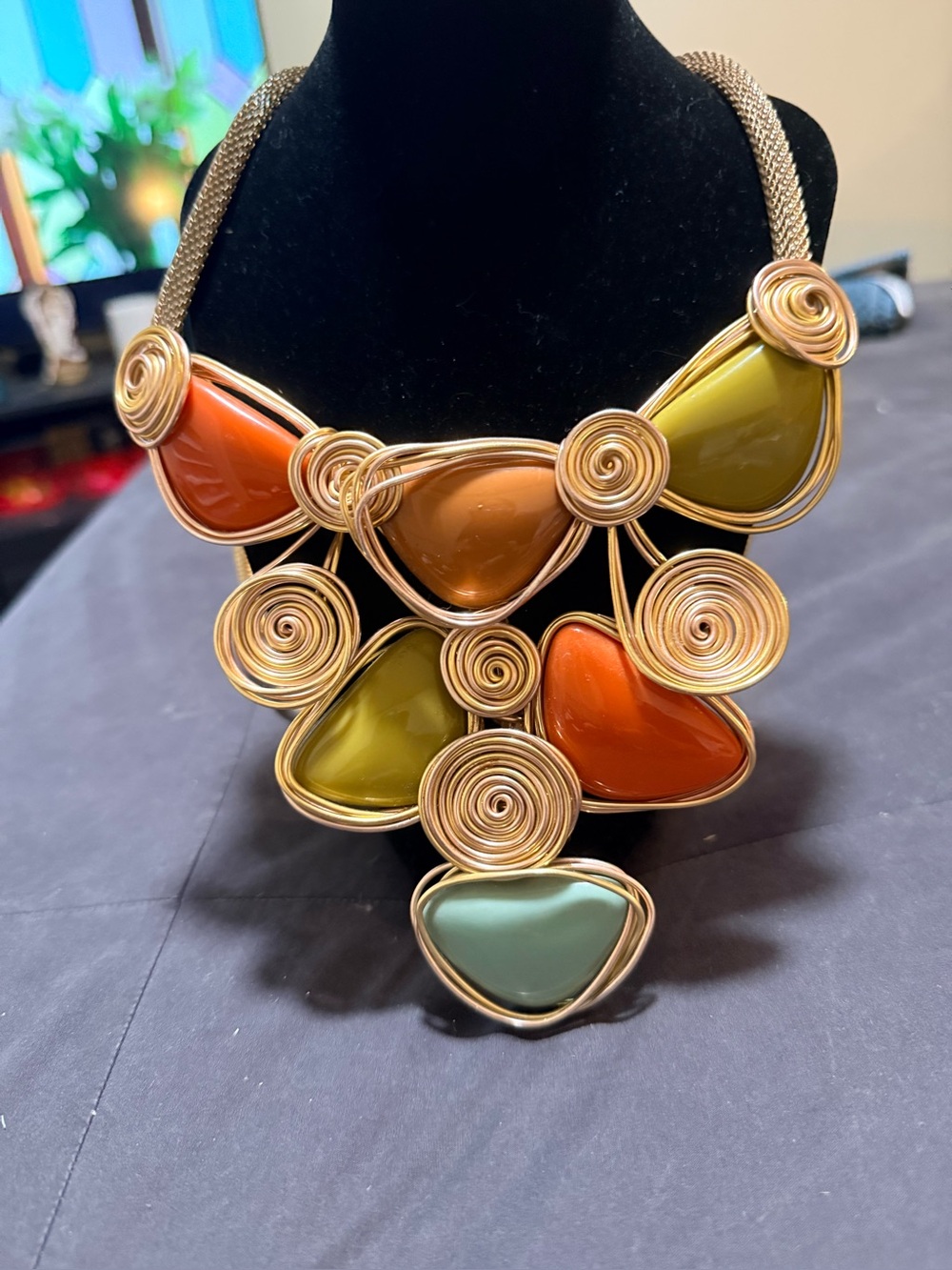 Multicolor Gold-Tone Spiral Statement Necklace - Green, Orange, Tan